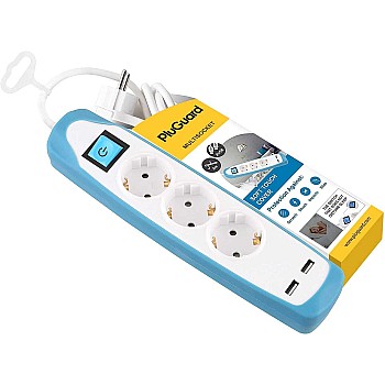 مشترك كهربائي 3 عيون بمفتاح تشغيل ومنفذين USB 2.1 امبير معتمدين مع كابل 2 متر ومنفذ مسطح اضافي وغطاء سيليكون ازرق من بلوجارد