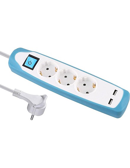 مشترك كهربائي 3 عيون بمفتاح تشغيل ومنفذين USB 2.1 امبير معتمدين مع كابل 2 متر ومنفذ مسطح اضافي وغطاء سيليكون ازرق من بلوجارد