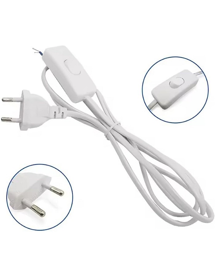 Power Cable with On/Off Switch, EU Plug, White, with Control Button