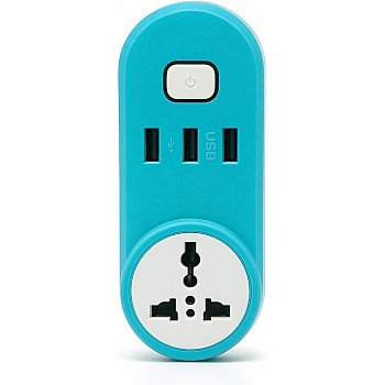 محول قابس تمديد الطاقة عالمي متعدد المقابس ومناسب للسفر مع 3 منافذ USB ومفتاح بقدرة 2500 وات وجهد 110 إلى 220 فولت للمنزل والمكتب (لون أزرق)