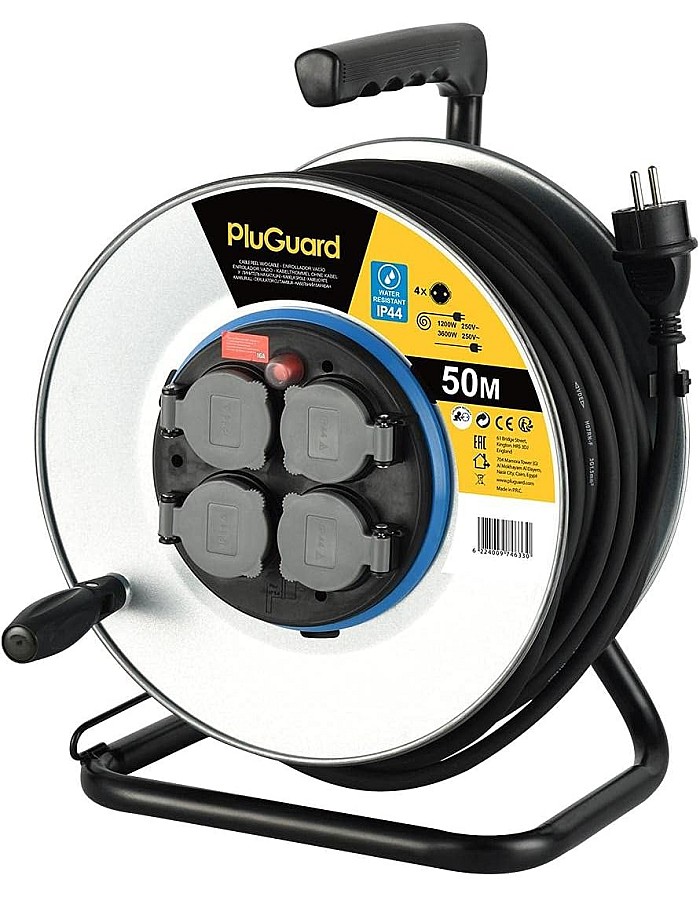 Power Lock PluGuard Metal Cable Reel 50M with 4 Sockets Water Resistant IP44 - White