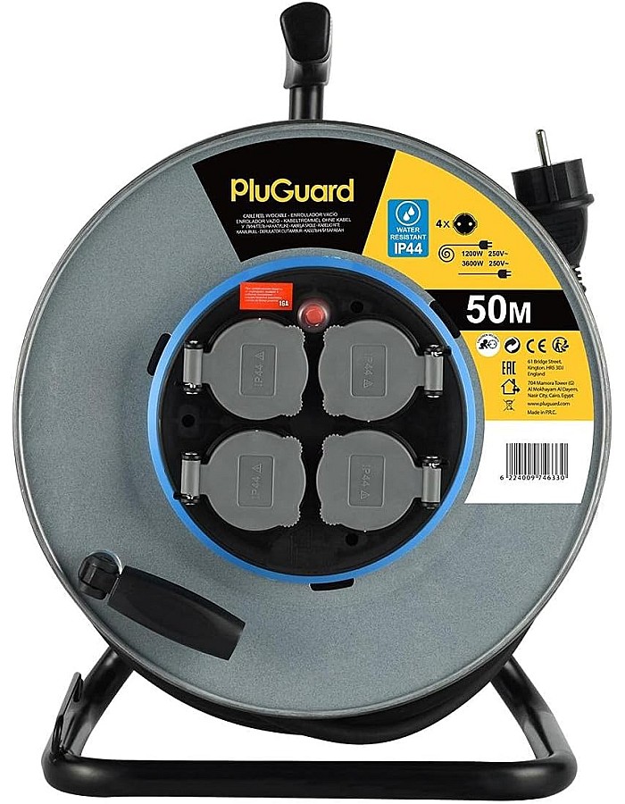 Power Lock PluGuard Metal Cable Reel 50M with 4 Sockets Water Resistant IP44 - White