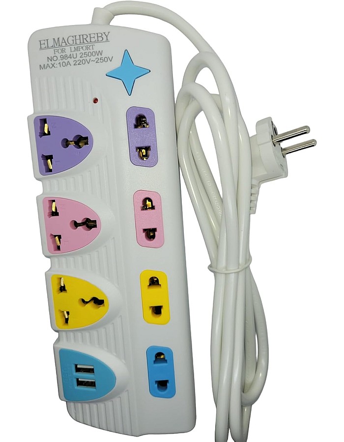 مشترك كهرباء نجمة بالاضافة الي عد 2 مدخل USB للشحن مع مفتاح قفل وفتح / كبل 2 متر (5 مداخل منهم 2 مدخل ثلاثي)