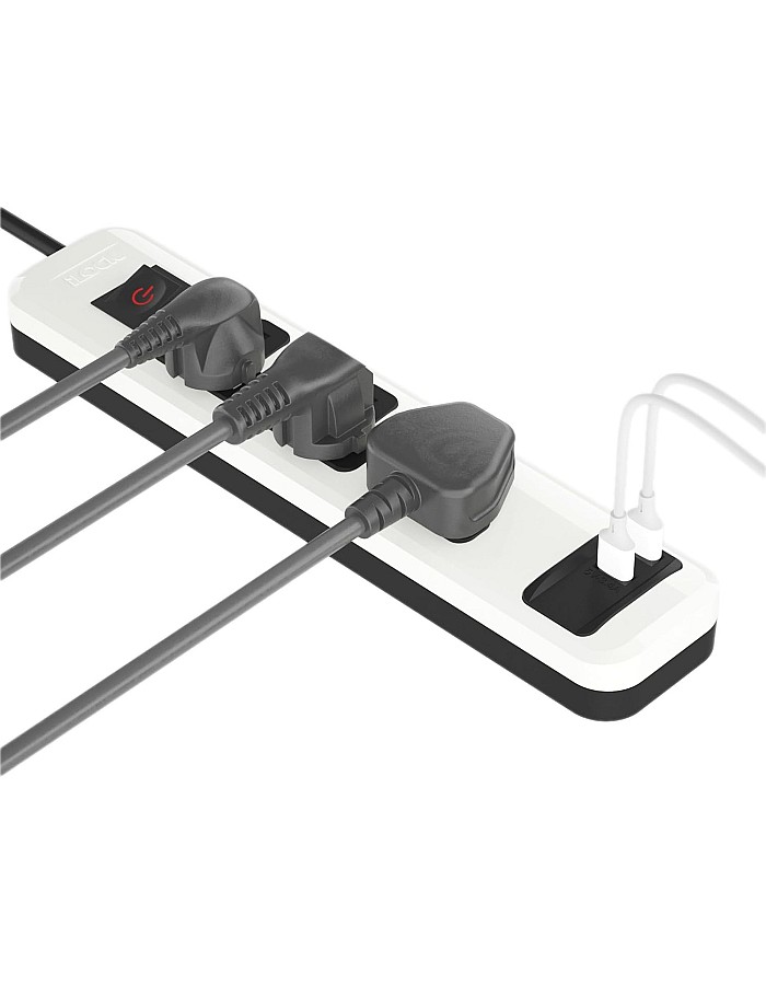 مشترك كهرباء شامل مع 3 منافذ + 2 منفذ USB-A من اي لوك| شحن سريع | 2 م