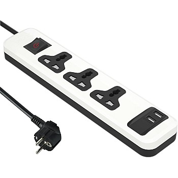 مشترك كهرباء شامل مع 3 منافذ + 2 منفذ USB-A من اي لوك| شحن سريع | 2 م