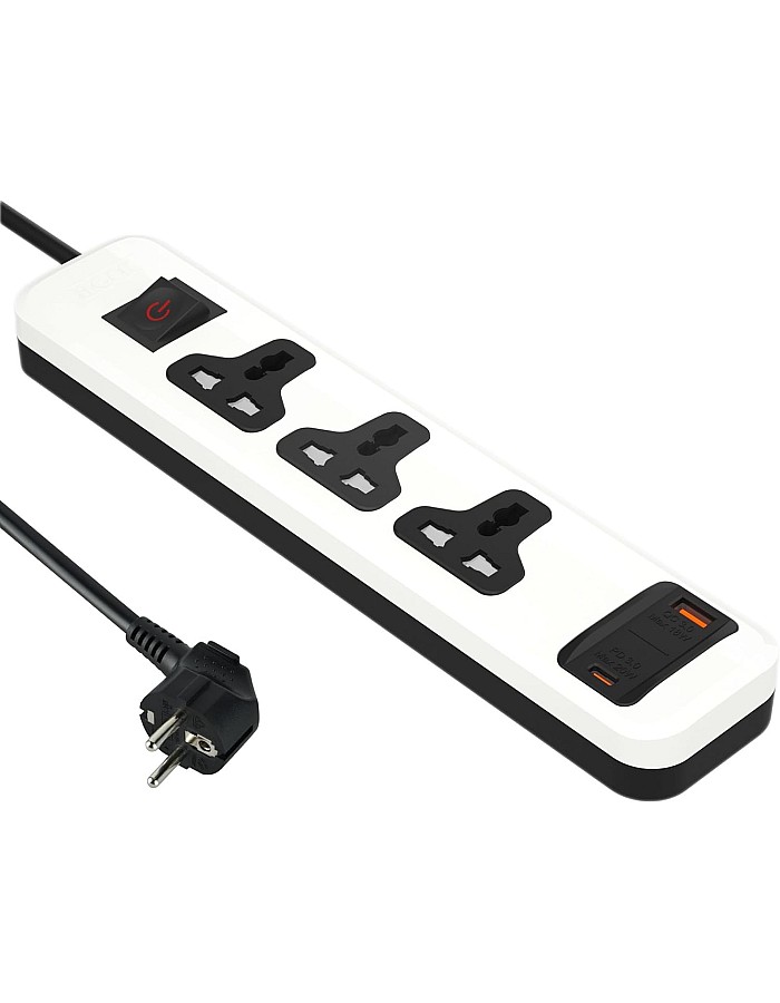 مشترك كهرباء شامل مع 3 منافذ + 2 منفذ USB-A من اي لوك| شحن سريع | 2 م