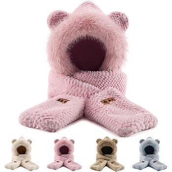 Hooded Scarf for Women Winter, Cute Bear Ear Hat Scarf 3 in 1 Faux Fur Gloves Set, Pink
