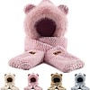 Hooded Scarf for Women Winter, Cute Bear Ear Hat Scarf 3 in 1 Faux Fur Gloves Set, Pink