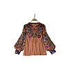 Women's Ukrainian Embroidered Cotton Blouse - Boho Floral Loose Fit Tunic, Long Sleeve, Round Neck (60cm Length, 106cm Bust)