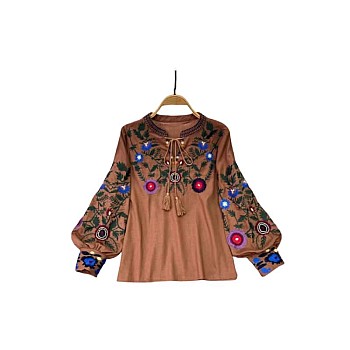 Women's Ukrainian Embroidered Cotton Blouse - Boho Floral Loose Fit Tunic, Long Sleeve, Round Neck (60cm Length, 106cm Bust)