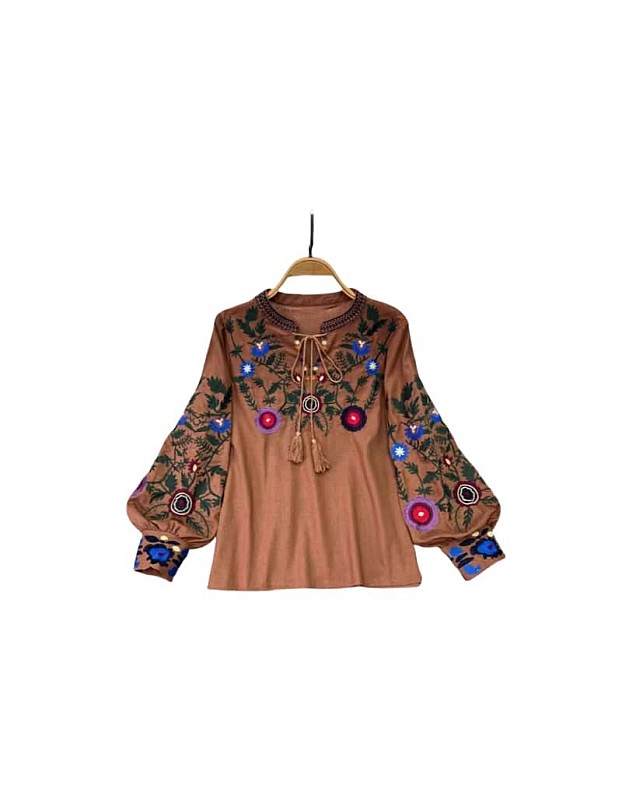 Women's Ukrainian Embroidered Cotton Blouse - Boho Floral Loose Fit Tunic, Long Sleeve, Round Neck (60cm Length, 106cm Bust)