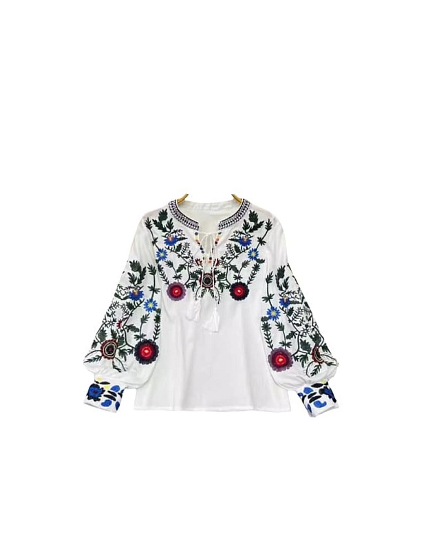 Women's Ukrainian Embroidered Cotton Blouse - Boho Floral Loose Fit Tunic, Long Sleeve, Round Neck (60cm Length, 106cm Bust)