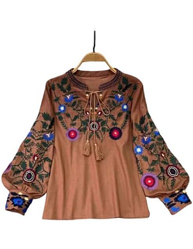Women's Ukrainian Embroidered Cotton Blouse - Boho Floral Loose Fit Tunic, Long Sleeve, Round Neck (60cm Length, 106cm Bust)