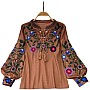 Women's Ukrainian Embroidered Cotton Blouse - Boho Floral Loose Fit Tunic, Long Sleeve, Round Neck (60cm Length, 106cm Bust)