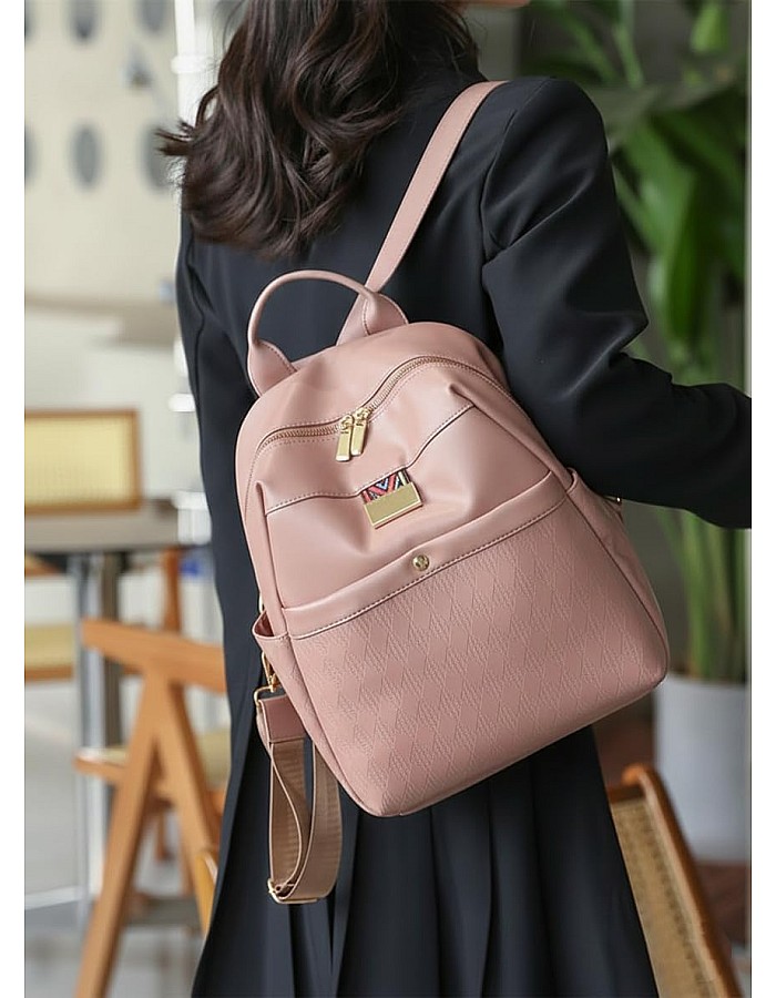 Pink Women Backpack, Faux Leather, Padded Design, with Decorative Shoulder Strap