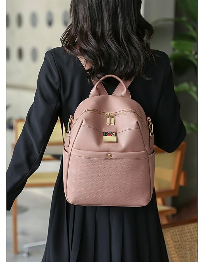 Pink Women Backpack, Faux Leather, Padded Design, with Decorative Shoulder Strap