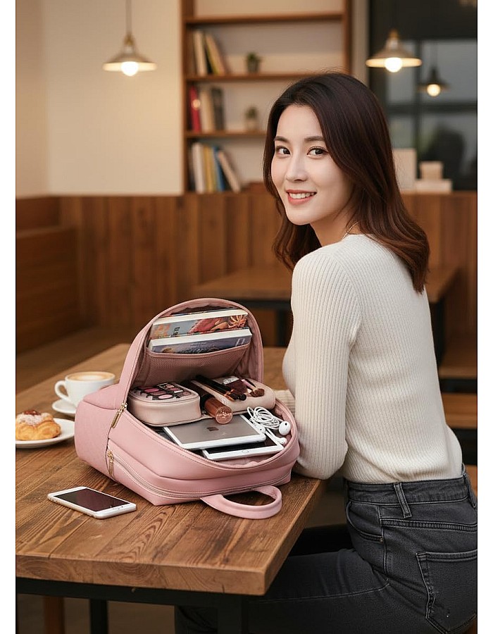 Pink Women Backpack, Faux Leather, Padded Design, with Decorative Shoulder Strap