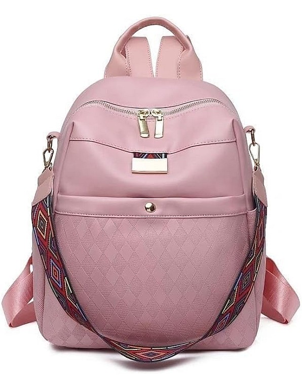 Pink Women Backpack, Faux Leather, Padded Design, with Decorative Shoulder Strap