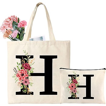 Tarklanda Initials Shopping Bag Cotton Bag with Letters Canvas Tote Bag Initial Tote Bag and Cosmetic Bag Gift for Women Girlfriend Mum Colleague for Birthday, Mother's Day (H)
