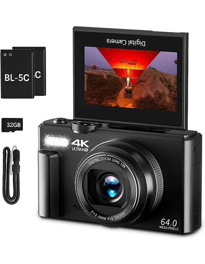 كاميرا ديجيتال 4K للتصوير، كاميرا تسجيل فيديو 64 ميجابيكسل لليوتيوب مع شاشة قابلة للطي 3 بوصة 180 درجة، كاميرا ديجيتال تكبير 18X وكاميرا تصوير
