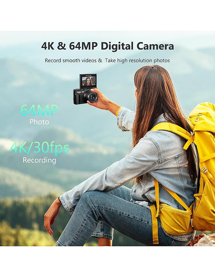 كاميرا ديجيتال 4K للتصوير، كاميرا تسجيل فيديو 64 ميجابيكسل لليوتيوب مع شاشة قابلة للطي 3 بوصة 180 درجة، كاميرا ديجيتال تكبير 18X وكاميرا تصوير