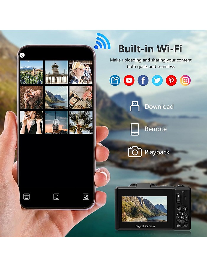 كاميرا ديجيتال 4K للتصوير، كاميرا تسجيل فيديو 64 ميجابيكسل لليوتيوب مع شاشة قابلة للطي 3 بوصة 180 درجة، كاميرا ديجيتال تكبير 18X وكاميرا تصوير
