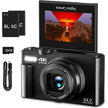 4K Digital Camera for Photography, 64MP Vlogging Camera for YouTube with 3" 180° Flip Screen, 18X Zoom Digital Camera and Shooting Camera with 32GB Micro SD Card