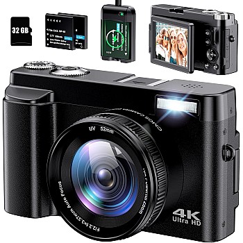 4K Digital Camera for Photography Autofocus 48MP 4K with SD Card, 180° 3.0 inch Flip Screen Vlogging Camera for YouTube Video Compact with 16X Digital Zoom, Anti-Shake, 2 Batteries(4K, Black)