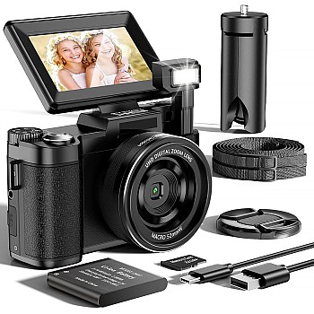 4K Digital Camera for Photography Autofocus,1300W with 3'' 180° Flip Screen 16X Anti-Shake 5K Camera Compact Cameras with SD Card, Flash,Black,With tripod,Battery & Charging Stand.