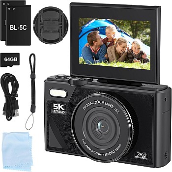 5K Digital Camera,Vlogging Camera 75MP Point and Shoot Digital Cameras with 64GB SD Card, 18X Zoom, Compact Small Camera for Kids Boys Girls Beginner(Dark Black)