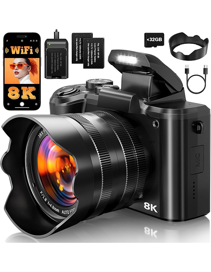 كاميرات رقمية 8K للتصوير الفوتوغرافي والتركيز التلقائي، ترقية 2026 88MP واي فاي كاميرا تصوير احترافية 16X تكبير 16X مع عدسة مزدوجة لليوتيوب، بطا