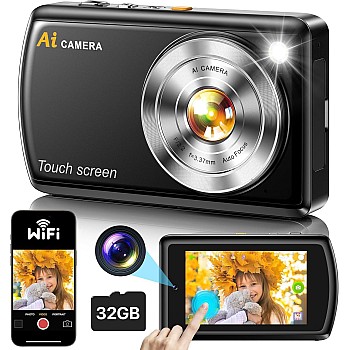 AI Digital Camera, Recognizes Everything, Cameras for Photography with WiFi, Vlogging Camera for Kids with Dual Lens 3.6" IPS Touch Screen, 32 GB Card for Teens, Kids (Ai Digital Camera, Black)