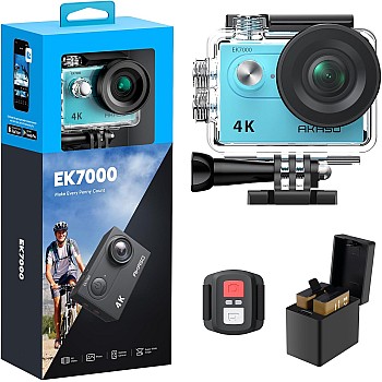 Akaso 4K WiFi Ultra HD Waterproof Sports Action Camera - 12MP 170 Degree Wide Angle LCD Screen/Remote, Royal Blue (EK7000BL)