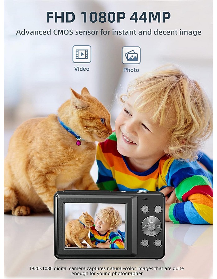 كاميرا رقمية FHD 1080P للأطفال بدقة 44 ميجابيكسل بوينت اند شوت مع بطاقة SD سعة 32 جيجابايت وتقريب 16 مرة وبطاريتين وحبل قصير للأطفال الأولاد والب