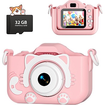 CIMELR Children's Camera for 3-12 Years, Children's Digital Camera 2.0 Inch HD Camera for 3 4 5 6 7 8 9 Years Children's Camera Toy Christmas Birthday Gifts with 32GB SD Card (Pink)