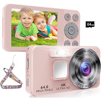 Digital Camera Kids UHD 4K Photography: 64MP Point and Shoot Cameras for Vlogging with 64GB Card 18X Zoom- Compact Small Vintage Camera for Boys Girls Teens Beginners, Portable Pocket Cameras