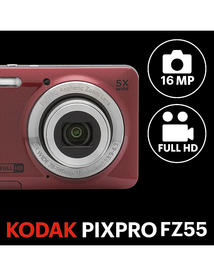 كاميرا ديجيتال بيكسبرو فريندلي زووم FZ55-RD بدقة 16MP مع تقريب بصري 5X وزاوية عريضة 2.8 سم وشاشة ال سي دي 2.7 بوصة من كوداك (لون أحمر)