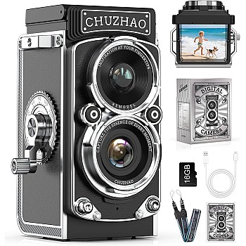 Mini Retro Camera 12MP 1080P FHD Digital Camera TLR Auto Focus Photo Camera with 16GB Memory Card, Black