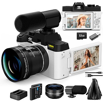 Mo Digital Cameras for Photography & 4K Video, 48 MP Vlogging Camera for YouTube with 180° Flip Screen,16X Digital Zoom,Flash & Autofocus,52mm Wide Angle & Macro Lens,2 Batteries,32GB SD Card(White)