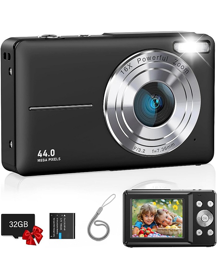 Prosight Digital Camera, FHD 1080P Kids Camera With 32GB Card, 16X Digital Zoom, 44MP Compact Point and Shoot, Portable Mini for Teens Boys Girls