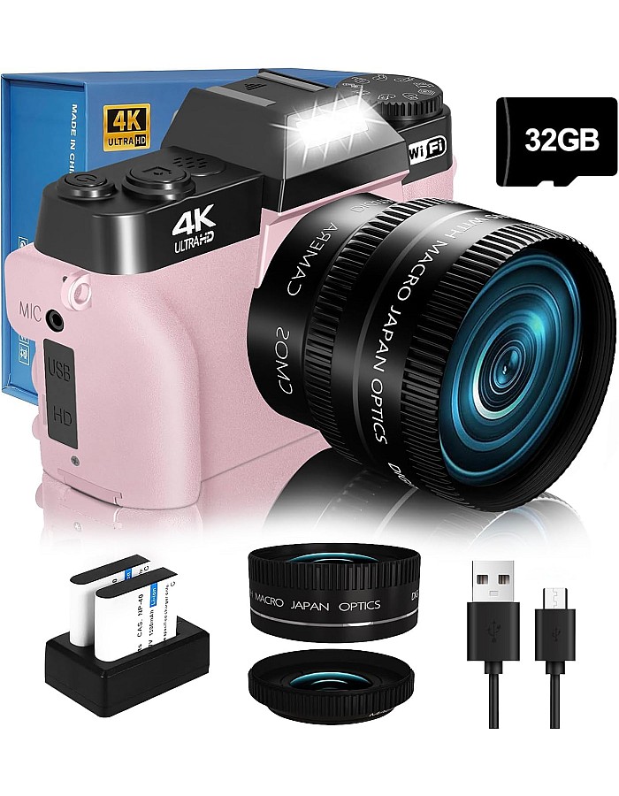 VJIANGER 2024 Upgrade Digital Camera for Photography 4K 56MP Vlogging Camera for YouTube with WiFi, 180 Degree Flip Screen, 16X Digital Zoom, 52mm Lens, 2 Batteries, 32GB TF Card(W02-Pink35)