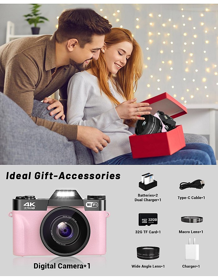 VJIANGER 2024 Upgrade Digital Camera for Photography 4K 56MP Vlogging Camera for YouTube with WiFi, 180 Degree Flip Screen, 16X Digital Zoom, 52mm Lens, 2 Batteries, 32GB TF Card(W02-Pink35)