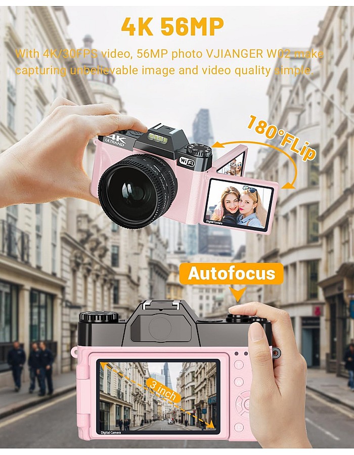 VJIANGER 2024 Upgrade Digital Camera for Photography 4K 56MP Vlogging Camera for YouTube with WiFi, 180 Degree Flip Screen, 16X Digital Zoom, 52mm Lens, 2 Batteries, 32GB TF Card(W02-Pink35)