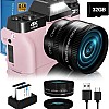 VJIANGER 2024 Upgrade Digital Camera for Photography 4K 56MP Vlogging Camera for YouTube with WiFi, 180 Degree Flip Screen, 16X Digital Zoom, 52mm Lens, 2 Batteries, 32GB TF Card(W02-Pink35)