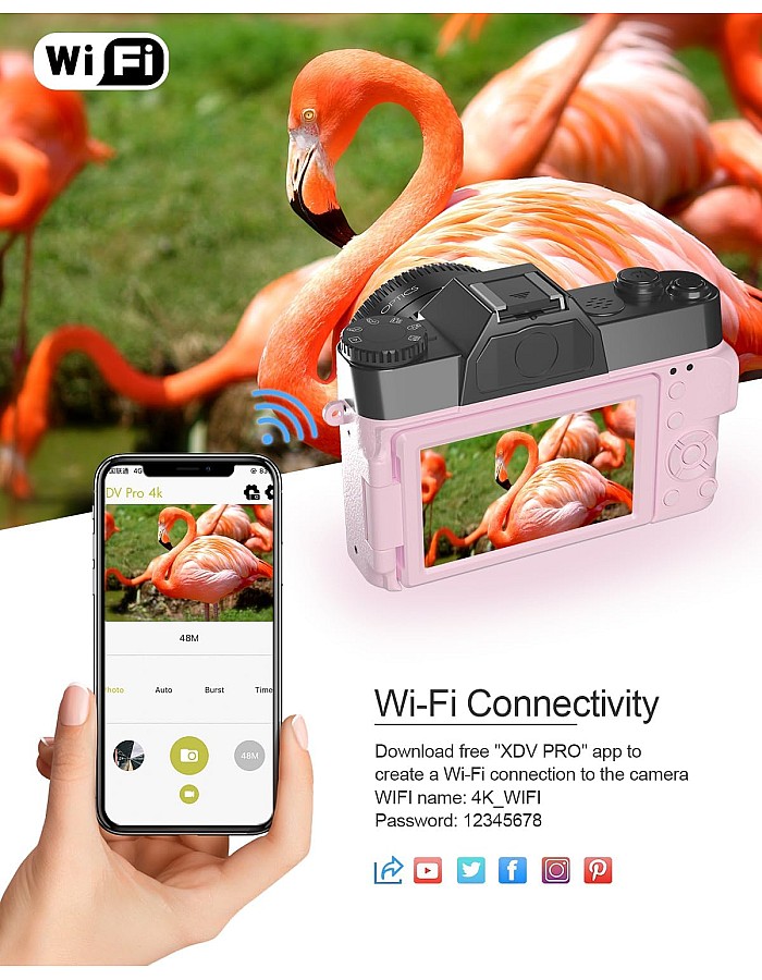 VJIANGER 2024 Upgrade Digital Camera for Photography 4K 56MP Vlogging Camera for YouTube with WiFi, 180 Degree Flip Screen, 16X Digital Zoom, 52mm Lens, 2 Batteries, 32GB TF Card(W02-Pink35)
