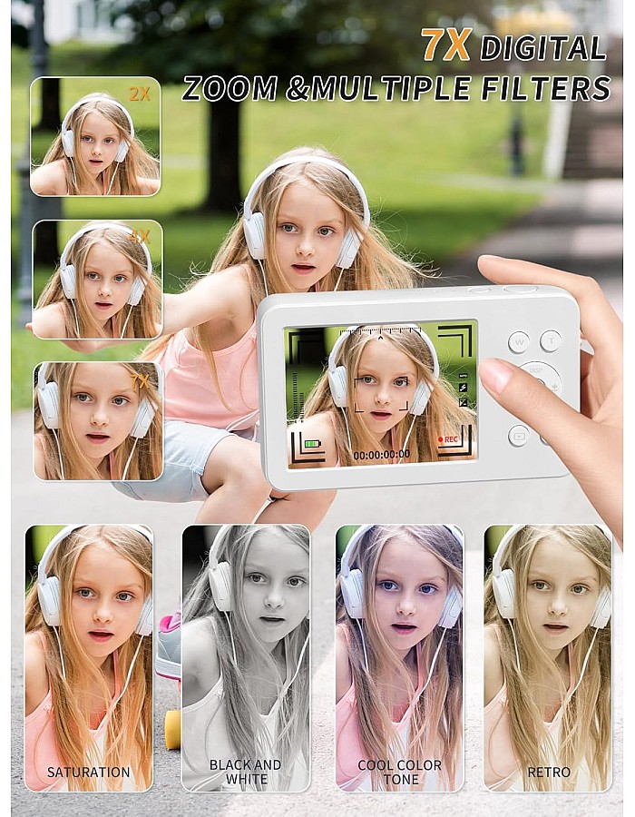 MUTRAIN Digital Camera, FHD 1080P, 48MP with Anti-Shake, 7X Zoom, Compact, White
