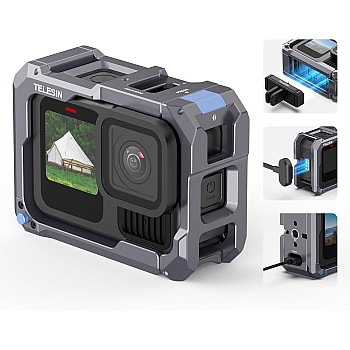 TELESIN Aluminum Alloy Cage for GoPro 13/12/11/10/9 Protective Frame, Compatible with Magnetic Suction Charging Side Cover, Quick Release, Convenient Charging, Protective Frame, Cold Shoe Groove and 1