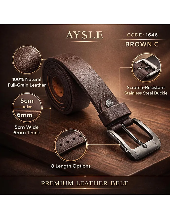 AYSLE 1646 Men’s Genuine Leather Casual Belt | Heavy-Duty Scratch-Resistant Metal Buckle | 5 cm Width | Double Loop Design | 3 Colors | 10 Sizes