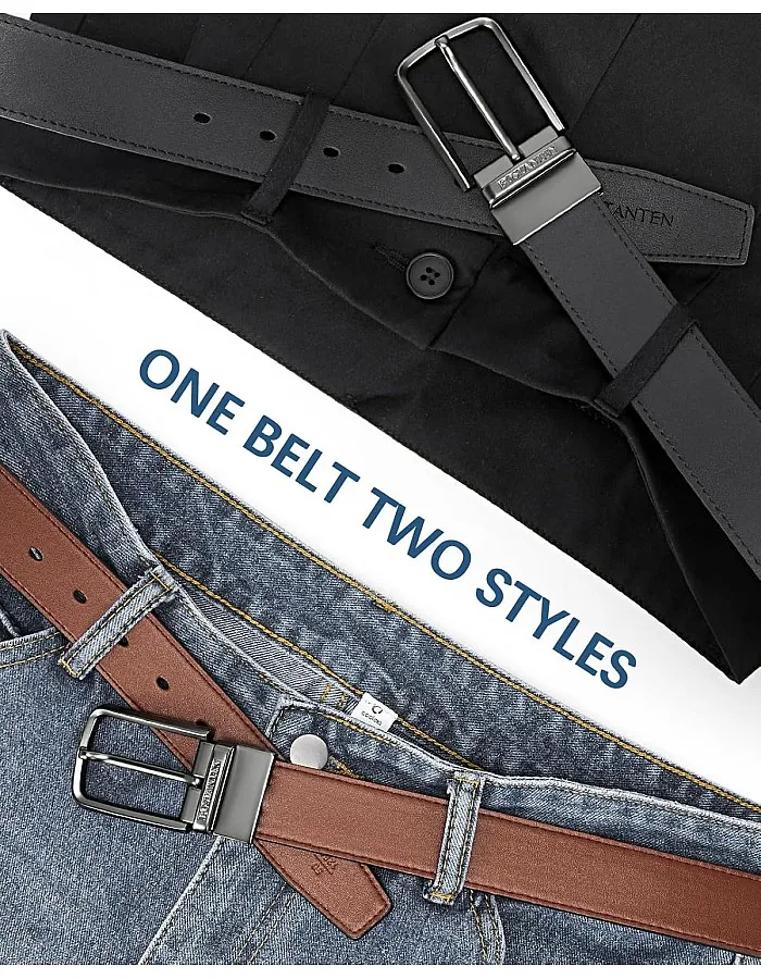 BOSTANTEN Belt Men Leather Reversible Belts for Men 1 3/8" for Casual Golf Dress Pants, Two-in-One Belt Gift