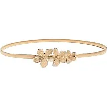 Elegant Metal Floral Waist Belt, Silver Tone Iron Alloy, Thin Stretch Design with Decorative Flower Buckle for Dresses and Casual Wear